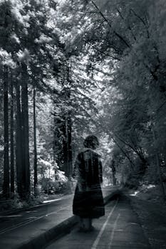 A mysterious silhouette on a forest pathway, evoking mystery and solitude.