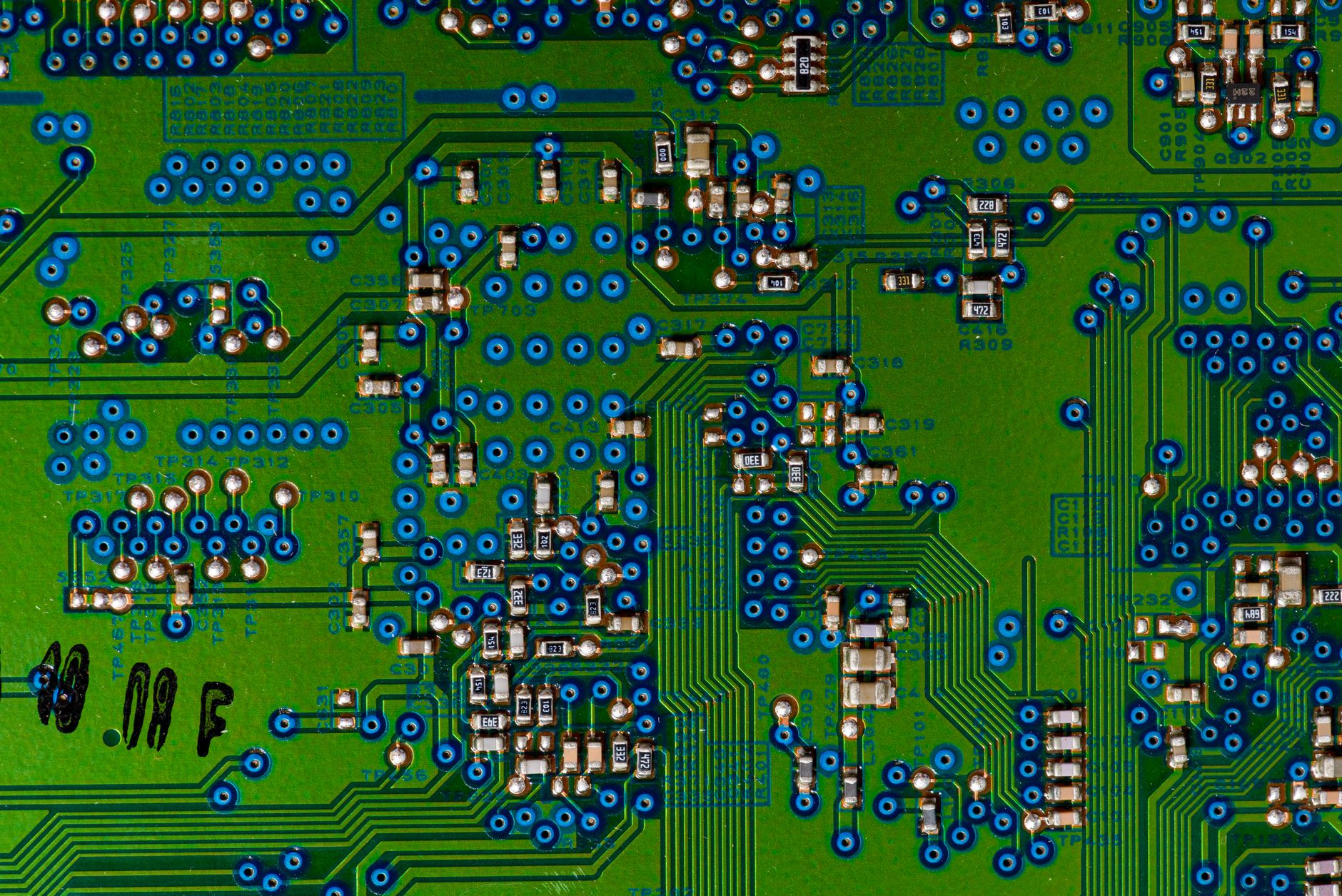 Detailed view of a circuit board highlighting electronic components.