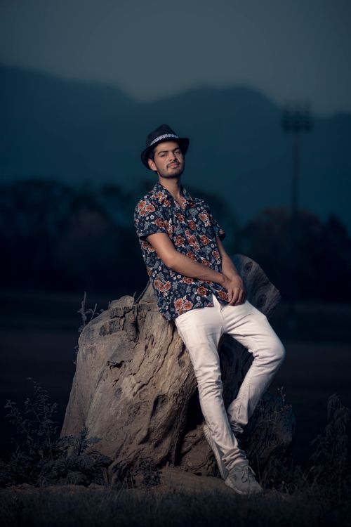 Free A fashionable man wearing a hat and floral shirt poses against a tree stump in a scenic outdoor setting. Stock Photo