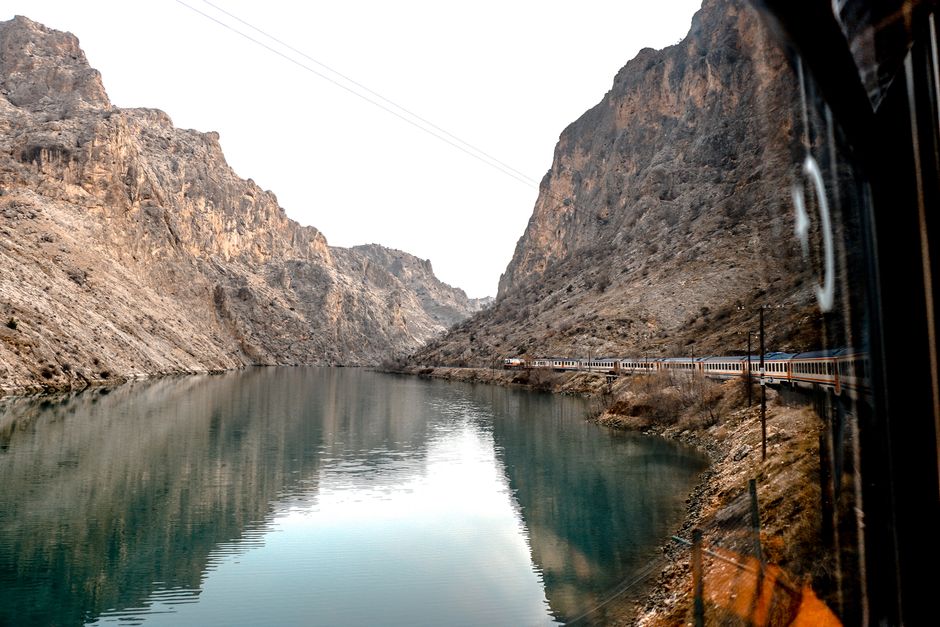 Modern Ganja Express train traveling through the Azerbaijani landscape