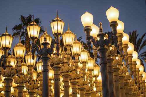 Free View of the iconic Urban Light installation in Los Angeles at twilight. Stock Photo