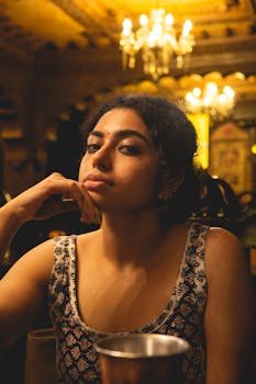 A woman poses elegantly with hand on chin in a dimly lit, luxurious restaurant ambiance.
