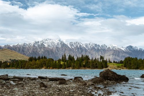 Free Beautiful view of the Remarkables Mountains with a lake foreground in Queenstown, New Zealand. Stock Photo