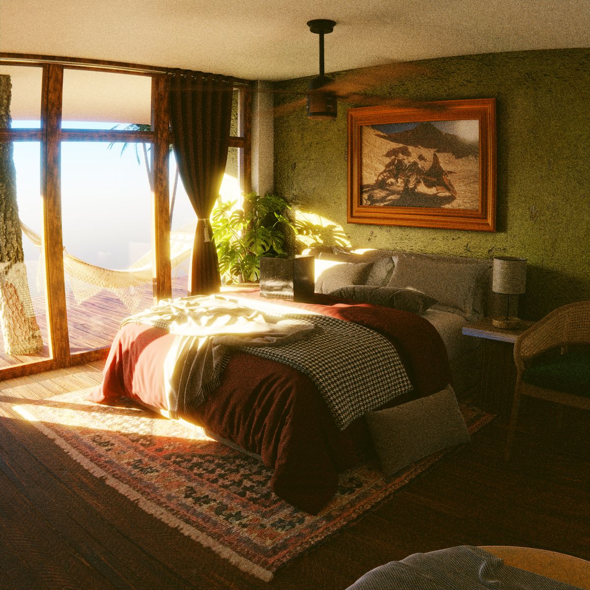Sunlit room with a hammock on the balcony
