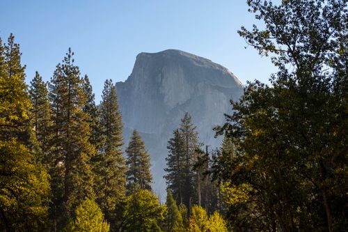 Free Scenic landscape of Half Dome granite peak surrounded by lush forest in Yosemite National Park. Stock Photo