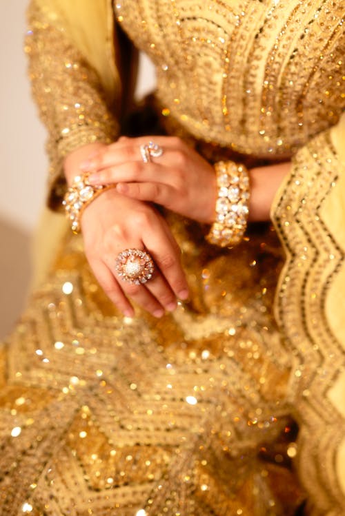 Close up of Woman in Traditional, Golden Dress