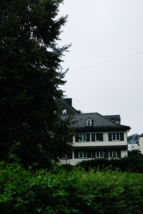 Free A scenic view of a traditional house amidst lush greenery on a cloudy day. Stock Photo