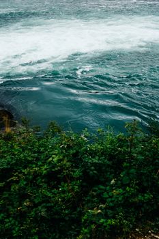 Captivating view of a river's motion beside lush greenery, highlighting nature's beauty and tranquility.