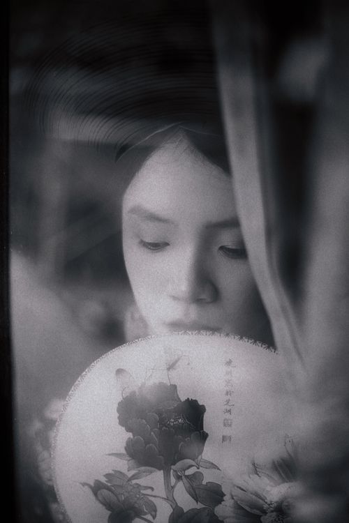 Free Artistic black and white portrait of a woman with a floral fan. Stock Photo