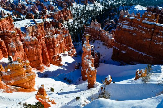 Majestic snow-covered hoodoos in Bryce Canyon National Park during winter season.