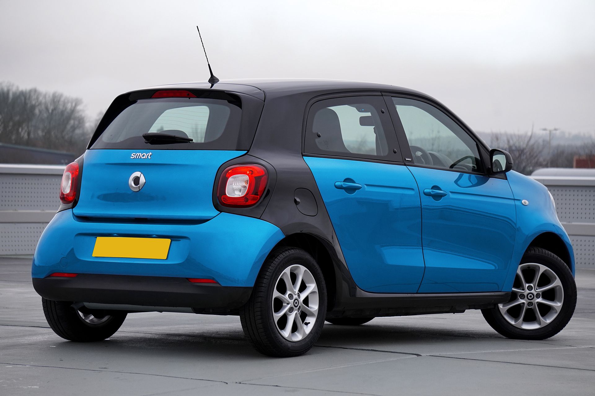 A blue Smart car parked outdoors viewed from the back, highlighting urban mobility.
