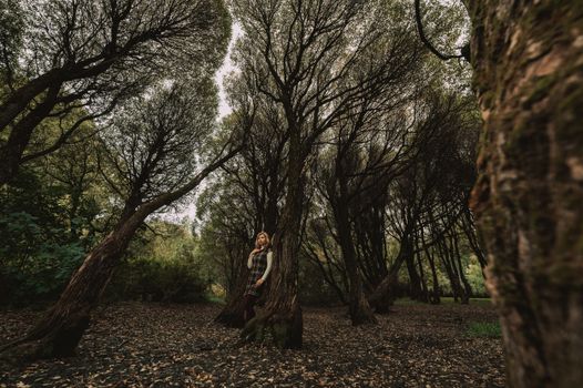 A woman in a checkered dress stands among trees in an enchanting forest setting.