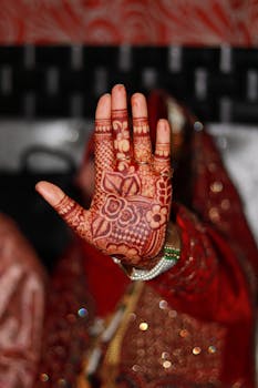 Close-up of intricate henna mehndi design on a bride's hand, showcasing cultural tradition.