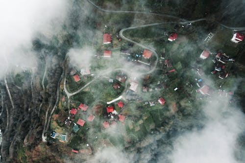 Aerial View of Village and Fields