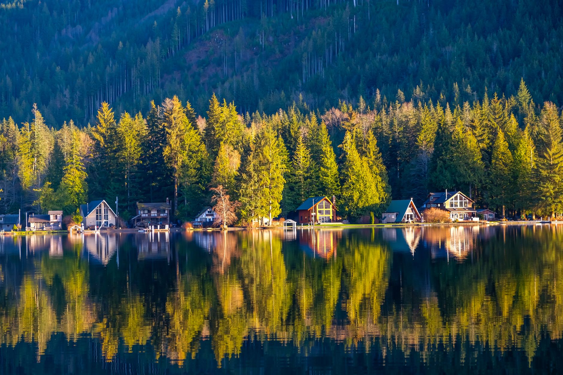 Beautiful evergreen trees and quaint cabins reflect on a serene lake in Seattle, Washington.