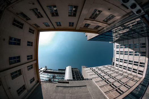 Fisheye shot capturing modern buildings and architecture in Budapest.