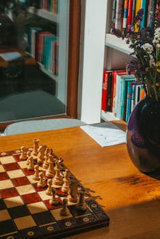 Chess set and books bathed in sunlight create a perfect cozy reading nook.