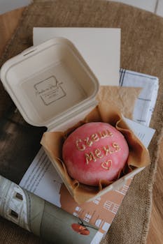 Pink dessert with Russian inscription in an open cardboard box, perfect for gifts or celebrations.