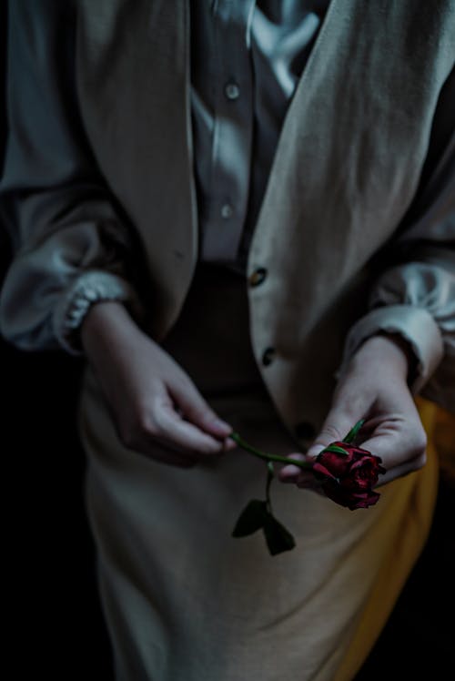 Woman Holding a Red Rose in her Hands 