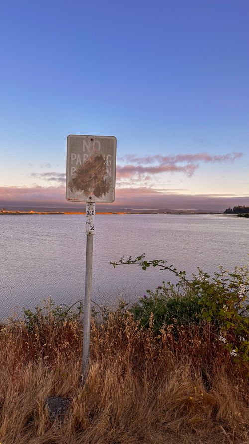 Free Rusty no parking sign by a serene lakeshore during sunset in California, USA. Stock Photo
