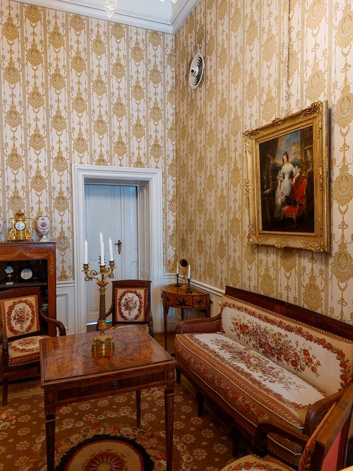 Free Luxury vintage interior with classic furniture and ornate decor in a Hungarian palace. Stock Photo