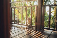 阳光明媚的木门廊上，一只猴子正享受着宁静的时刻，周围环绕着热带植物