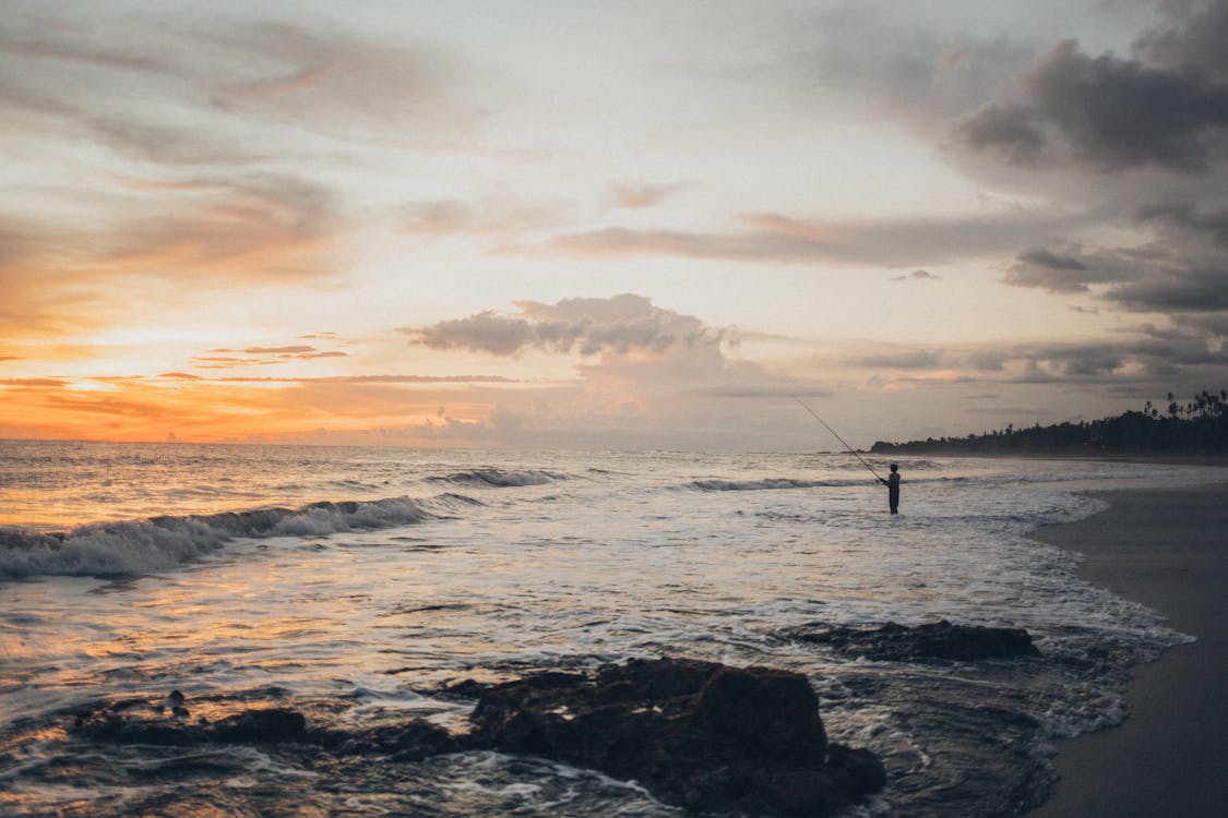 Person Fishing on Shore during Golden Hour