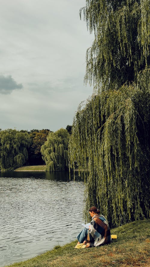 Woman Sitting on the Grass near a Body of Water and Reading 