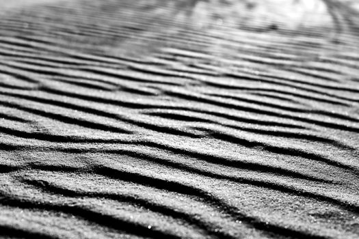Black and white close-up of sand dune ripples offering a textured, abstract perspective of nature's patterns.