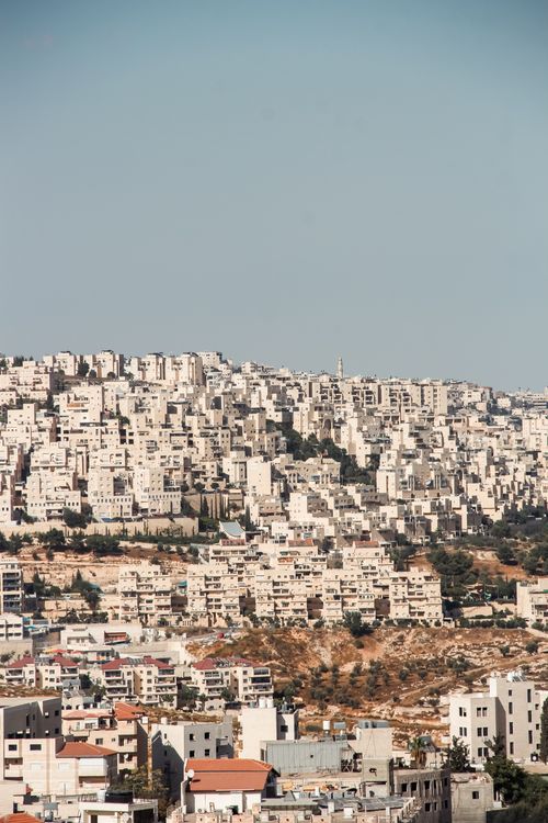 Free A high vantage shot capturing a densely packed cityscape cascading across a hill under a clear sky. Stock Photo