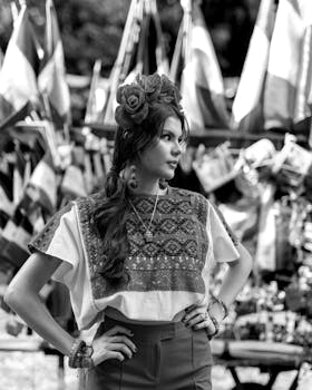 Portrait of a woman in Mexican traditional clothing at an outdoor market.