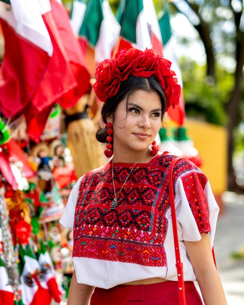 Free A young woman in traditional Mexican attire, enjoying a festive outdoor celebration. Stock Photo
