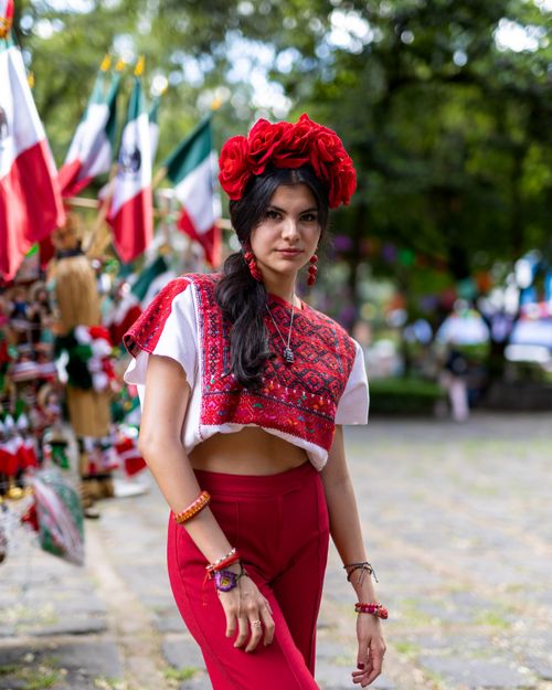 Free A woman in traditional Mexican attire posing during a vibrant cultural street festival. Stock Photo