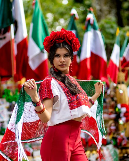 Free Mexican woman celebrating folklore with traditional attire and flags in vibrant colors. Stock Photo