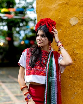 A woman in traditional Mexican attire celebrates cultural heritage outdoors.