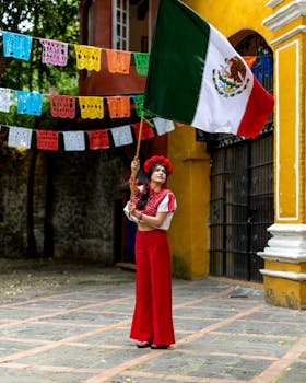 Young woman in traditional attire waving a Mexican flag outdoors.
