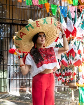 Woman in traditional Mexican attire celebrates outdoors surrounded by festive decorations and flags.