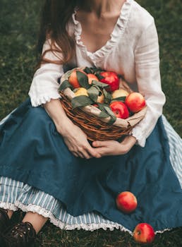 A woman in vintage dress holding a basket of apples, sitting on grass in a countryside setting.