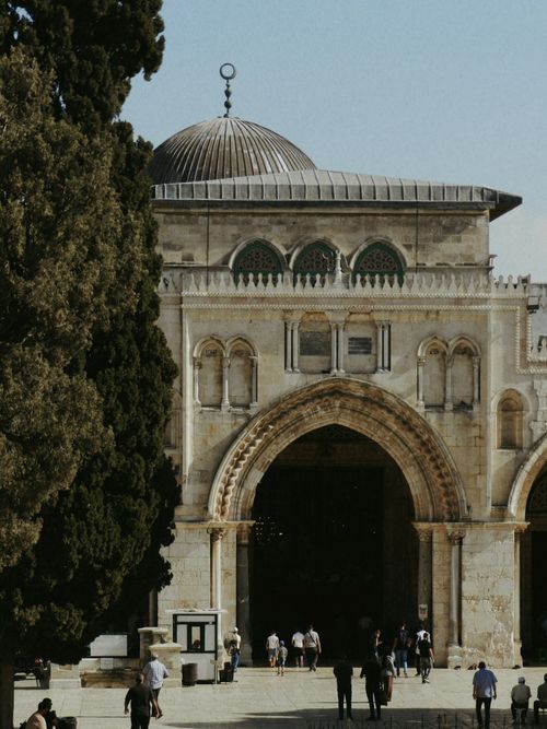 Free Stunning view of Al-Aqsa Mosque entrance with people walking in Jerusalem. Stock Photo