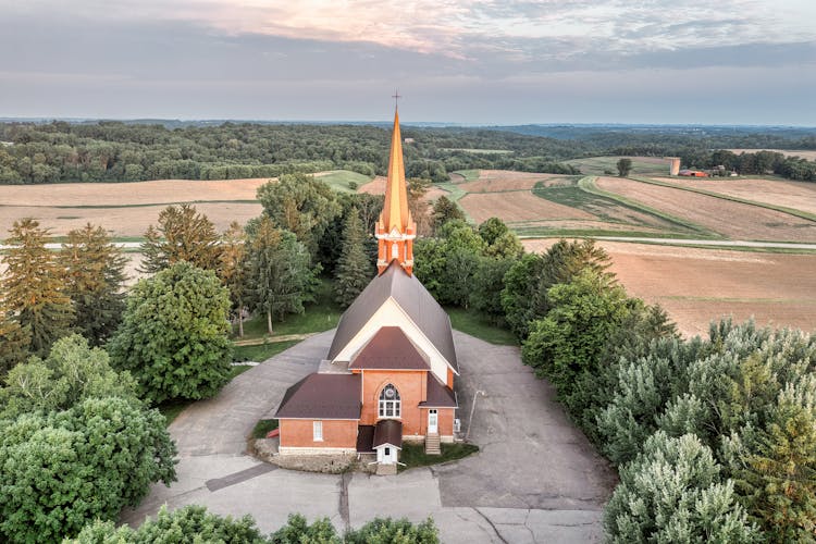 Drone Shot Of Church In Countryside