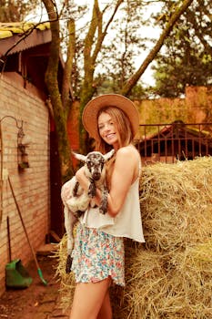 一位迷人的年轻女子与一只山羊，身着夏装、头戴帽子，倚靠在干草包旁摆姿势