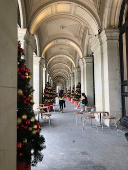 室内拱形走廊装饰着圣诞饰品并设有座位，以节日树木和人群为特色