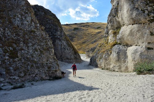 Hiker with Dog among Rock Formations