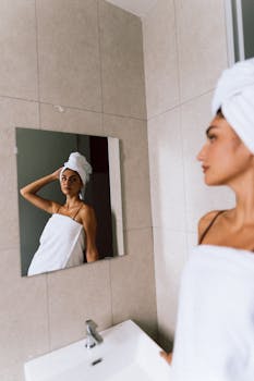 A woman standing wrapped in a towel, looking in a bathroom mirror.