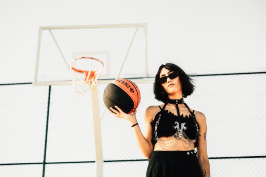 Stylish woman in sunglasses holds a basketball on a sunny outdoor court.