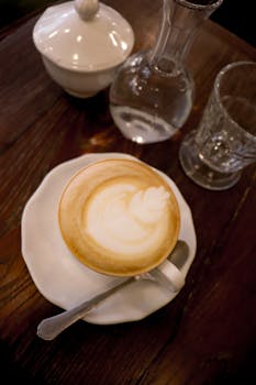 A beautifully crafted cappuccino with latte art on a wooden table in a cozy Paris cafe.