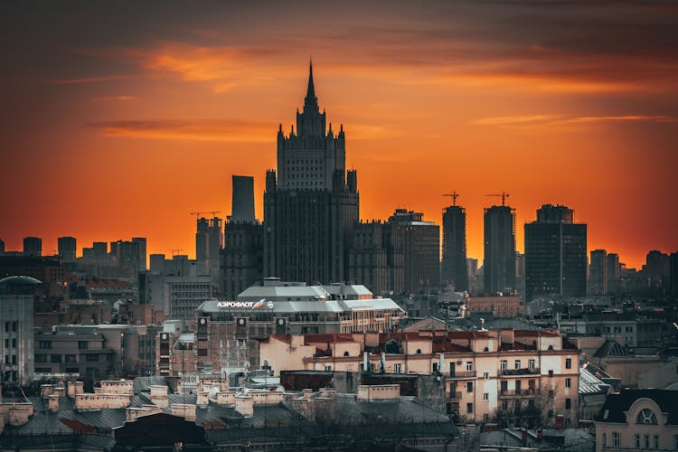 Orange Sky Over The Kudrinskaya Square Building In Moscow