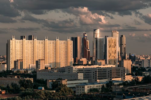 Gigantic Apartment Building on Begovaya and Modern Skyscrapers of the Moscow International Business Center