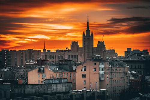 Townhouses in City at Sunset