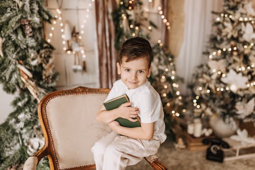 Boy in Shirt Sitting with Green Book on Armchair